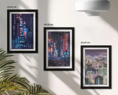 Night city skyline with neon lights triptych framed wall art set