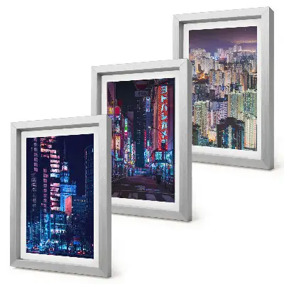 Night city skyline with neon lights triptych framed wall art set