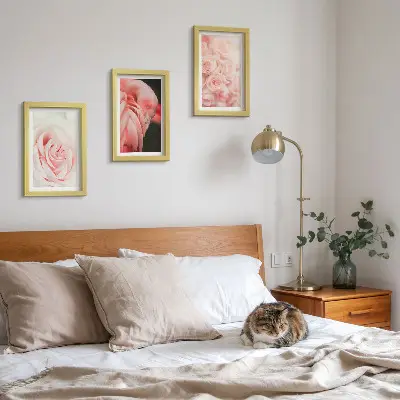 Photo frame wall in delicate pastel pink and flamingo shades