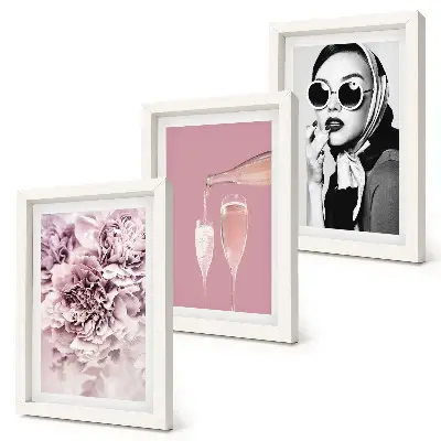 3-piece wall art set featuring flowers in shades of pink and an elegant woman