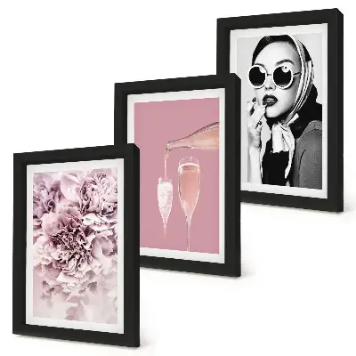 3-piece wall art set featuring flowers in shades of pink and an elegant woman