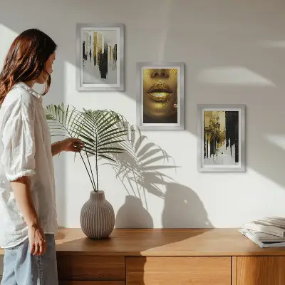 Photo frame wall gallery set with abstract painting and portrait of a woman