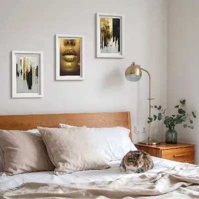 Photo frame wall gallery set with abstract painting and portrait of a woman