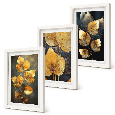 Framed triptych Leaves in shades of yellow on a dark background