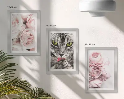 3-piece wall art set cat among pink roses and peonies