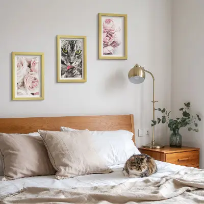 3-piece wall art set cat among pink roses and peonies