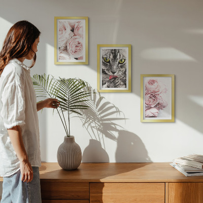 3-piece wall art set A cat among pink flowers of roses and peonies