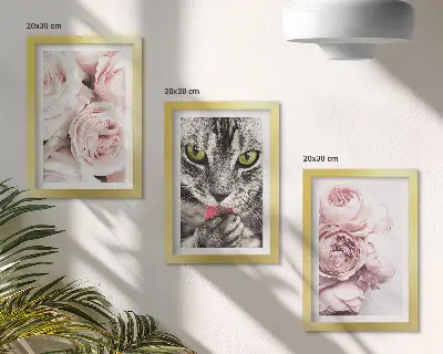 3-piece wall art set cat among pink roses and peonies