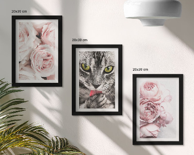 3-piece wall art set A cat among pink flowers of roses and peonies