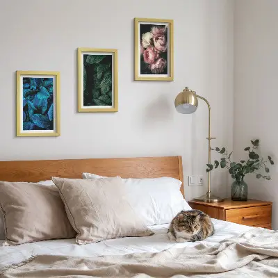 Framed triptych leaves and flowers in various colors