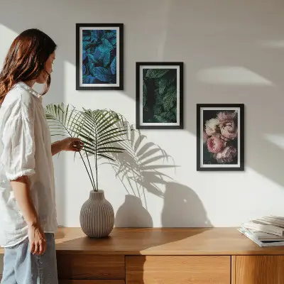 Framed triptych leaves and flowers in various colors