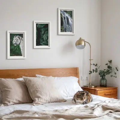 3-Piece wall art set white tiger lurking among leaves and a waterfall in nature