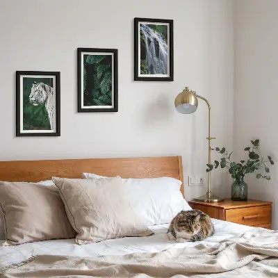 3-Piece wall art set white tiger lurking among leaves and a waterfall in nature