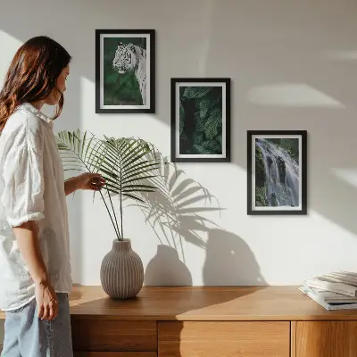 3-Piece wall art set white tiger lurking among leaves and a waterfall in nature