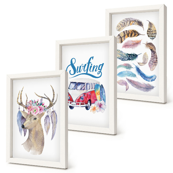 Framed triptych Antlered Deer with Flowers Holiday Van Feathers