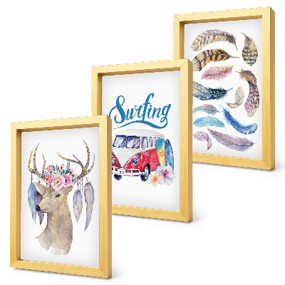 Framed triptych Antlered Deer with Flowers Holiday Van Feathers