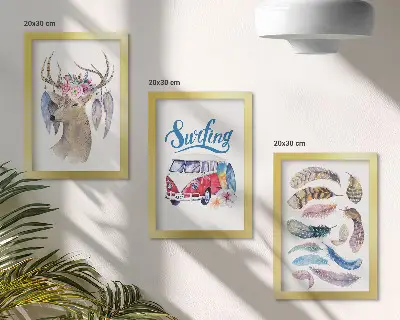 Antlered Deer with Flowers and Feathers framed triptych