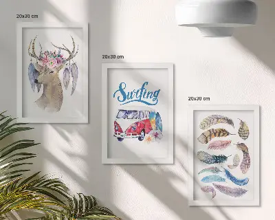 Antlered Deer with Flowers and Feathers framed triptych