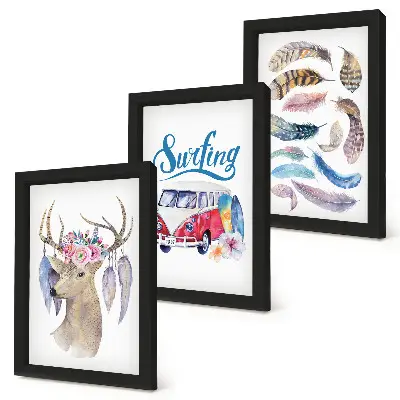 Antlered Deer with Flowers and Feathers framed triptych