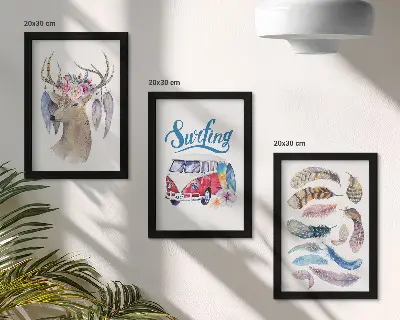 Antlered Deer with Flowers and Feathers framed triptych