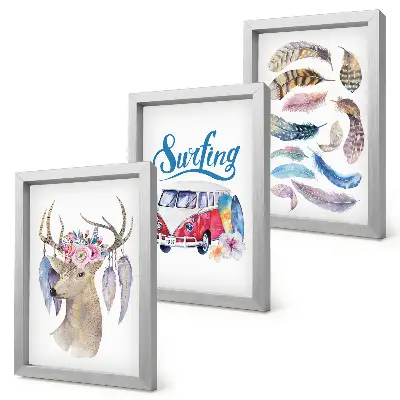 Antlered Deer with Flowers and Feathers framed triptych