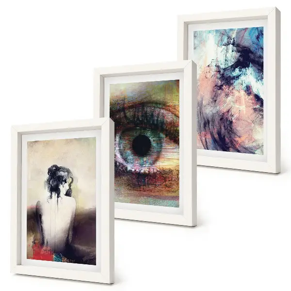 Framed triptych abstract portrait of a woman with colorful emotional eyes