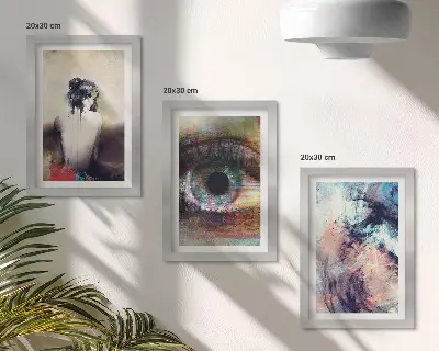 Framed triptych abstract portrait of a woman with colorful emotional eyes
