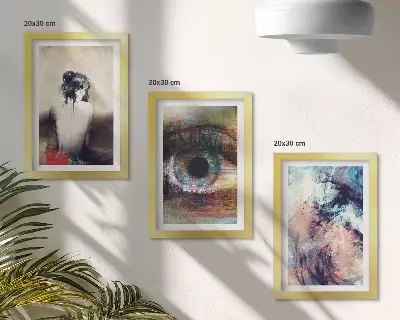 Framed triptych abstract portrait of a woman with colorful emotional eyes