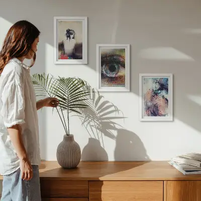 Framed triptych abstract portrait of a woman with colorful emotional eyes
