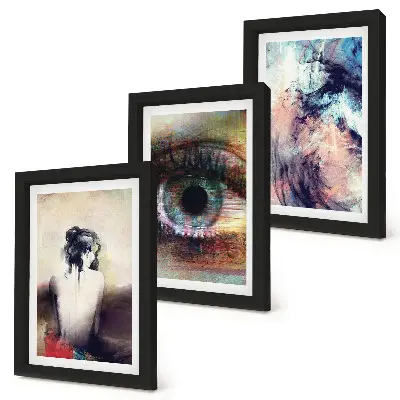 Framed triptych abstract portrait of a woman with colorful emotional eyes