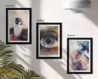 Framed triptych abstract portrait of a woman with colorful emotional eyes
