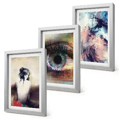 Framed triptych abstract portrait of a woman with colorful emotional eyes