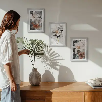 Photo frame wall flowers on a marble background in white and black