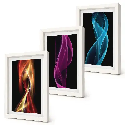 Waves of colorful neon lines on a dark background framed triptych