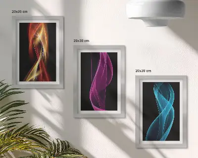 Waves of colorful neon lines on a dark background framed triptych