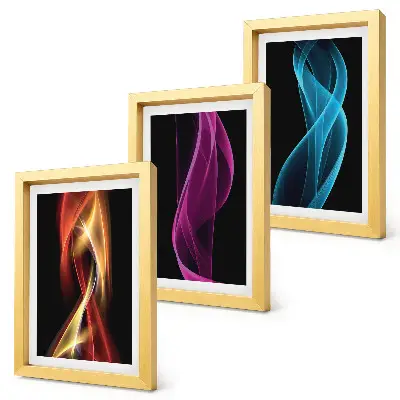 Waves of colorful neon lines on a dark background framed triptych