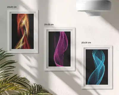 Waves of colorful neon lines on a dark background framed triptych