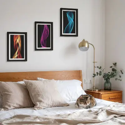 Waves of colorful neon lines on a dark background framed triptych
