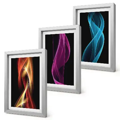 Waves of colorful neon lines on a dark background framed triptych