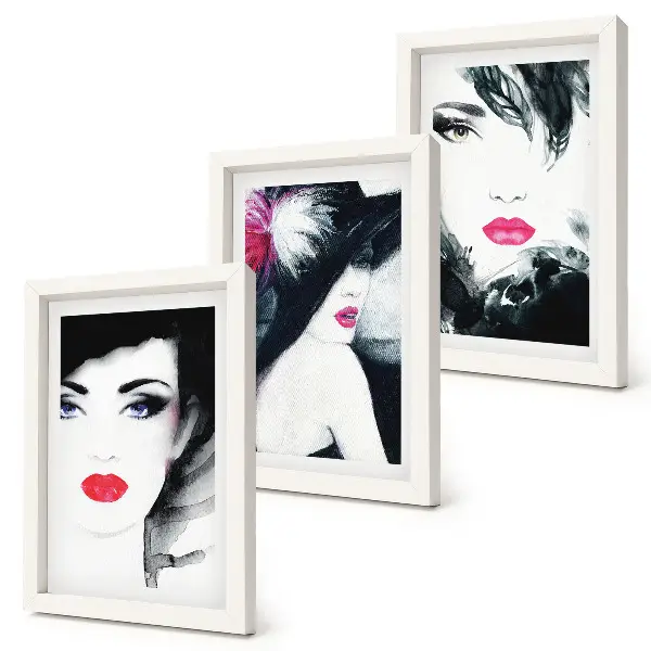 Framed triptych of painted portraits featuring women with expressive lips a set of three framed portraits of women with expressive lips