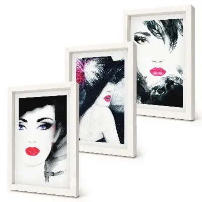 Framed triptych of painted portraits featuring women with expressive lips a set of three framed portraits of women with expressive lips