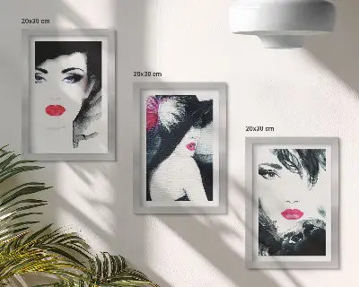 Framed triptych of painted portraits featuring women with expressive lips a set of three framed portraits of women with expressive lips