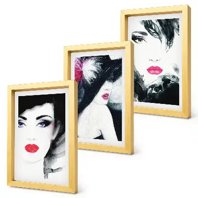 Framed triptych of painted portraits featuring women with expressive lips a set of three framed portraits of women with expressive lips