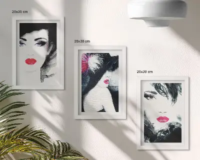 Framed triptych of painted portraits featuring women with expressive lips a set of three framed portraits of women with expressive lips