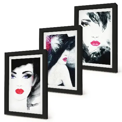 Framed triptych of painted portraits featuring women with expressive lips a set of three framed portraits of women with expressive lips