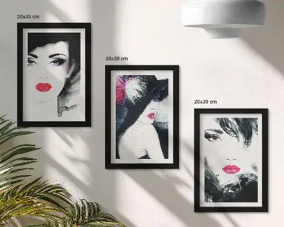 Framed triptych of painted portraits featuring women with expressive lips a set of three framed portraits of women with expressive lips