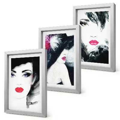 Framed triptych of painted portraits featuring women with expressive lips a set of three framed portraits of women with expressive lips