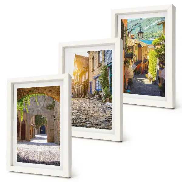 Charming streets with stone buildings and gates framed triptych