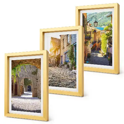 Charming streets with stone buildings and gates framed triptych