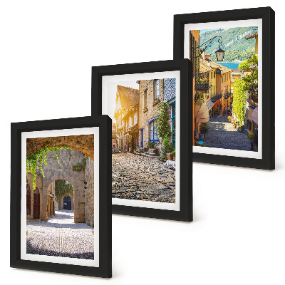 Framed triptych Charming streets with stone buildings and gates